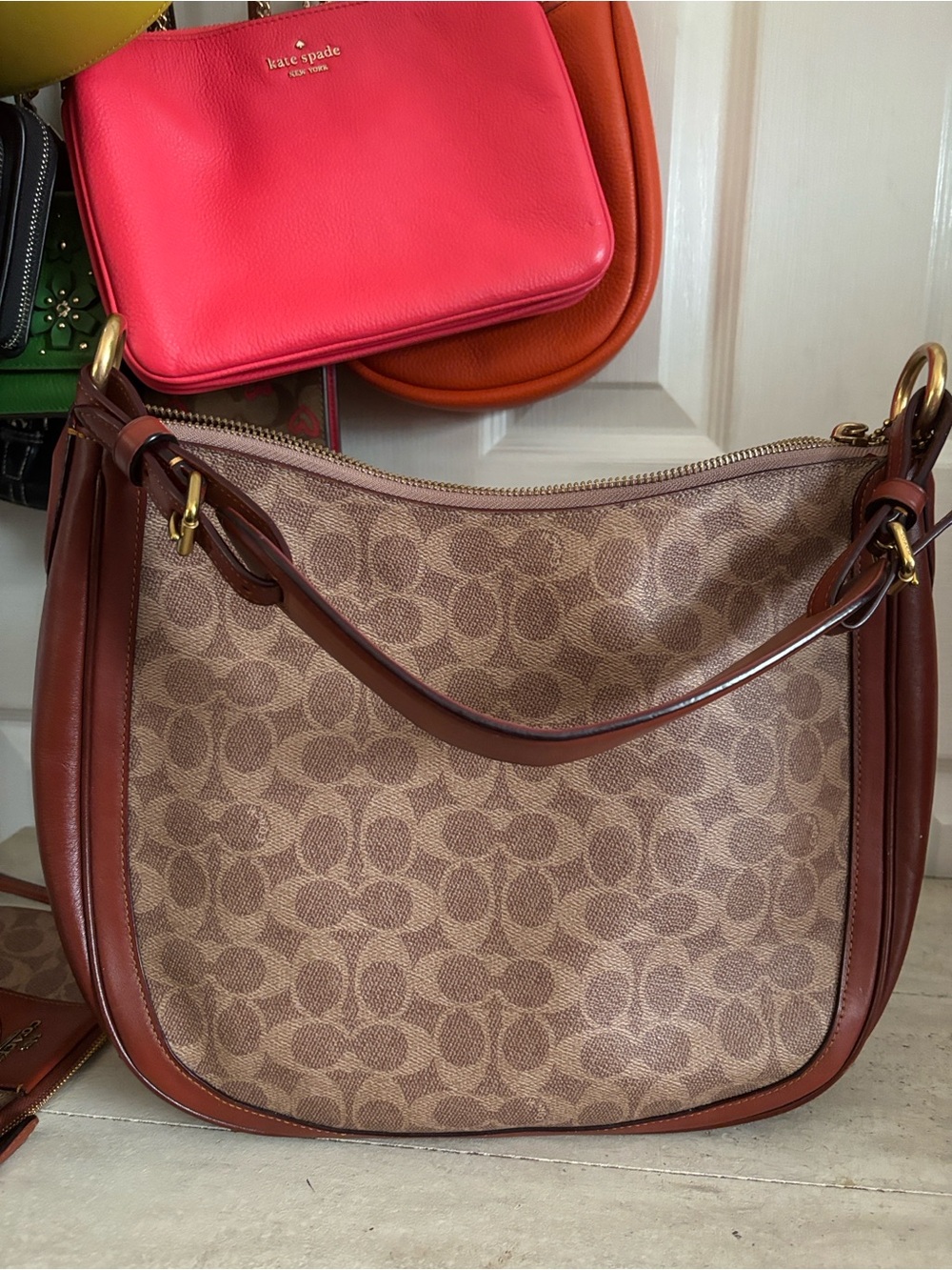 Coach Signature Canvas Shoulder Bag with Brown Leather Trim